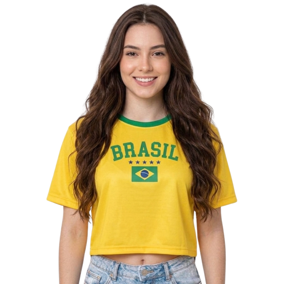 Blusinha Cropped Blusa Brasil Copa do Mundo 2026 Bandeira BR Dry-Fit Manga Curta Esportivo Fitness Academia Proteção UV 50+ Amarelo