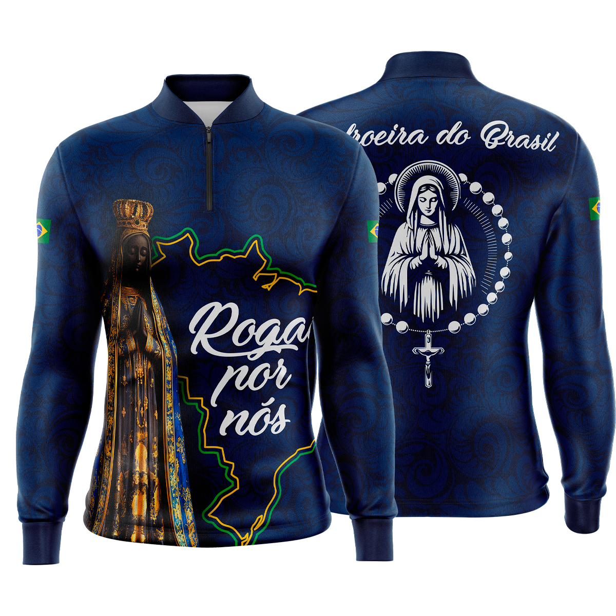 Camiseta Camisa Blusa Agro Pesca Nossa Senhora Aparecida Padroeira do Brasil Proteção Solar UV50+ Dry-Fit Azul Marinho