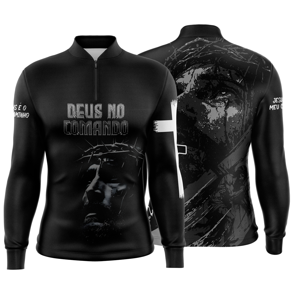 Camiseta Camisa Blusa Agro Pesca Religiosa Jesus Cristo Deus Cruz Fé Proteção Solar UV50+ Dry-Fit Preta