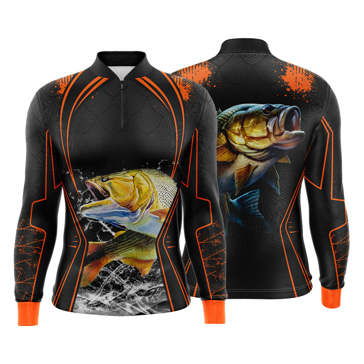 Camiseta de Pesca Proteção Solar UV50+ Dry-Fit Manga Longa Masculina - Laranja e Preta