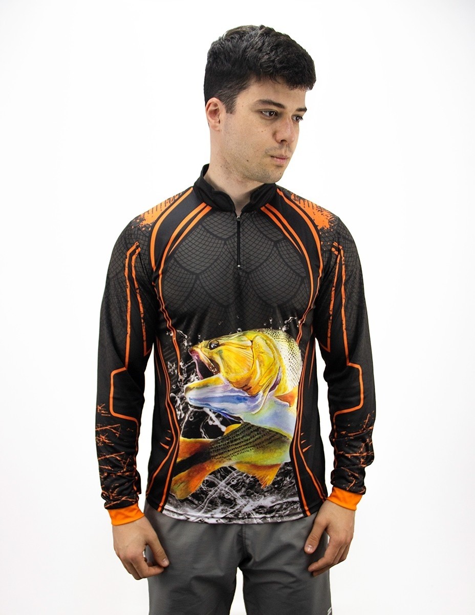 Camiseta de Pesca Proteção Solar UV50 Dry-Fit Manga Longa Masculina - Laranja e Preta