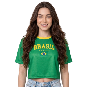 Blusinha Cropped Blusa Brasil Copa do Mundo Bandeira BR Dry-Fit Manga Curta Esportivo Fitness Academia Proteção UV 50+ Verde